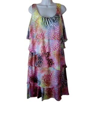 Vintage Simon Chang Womens Ruffle Tiered Shift Dress MixAnimal Print Satin 12